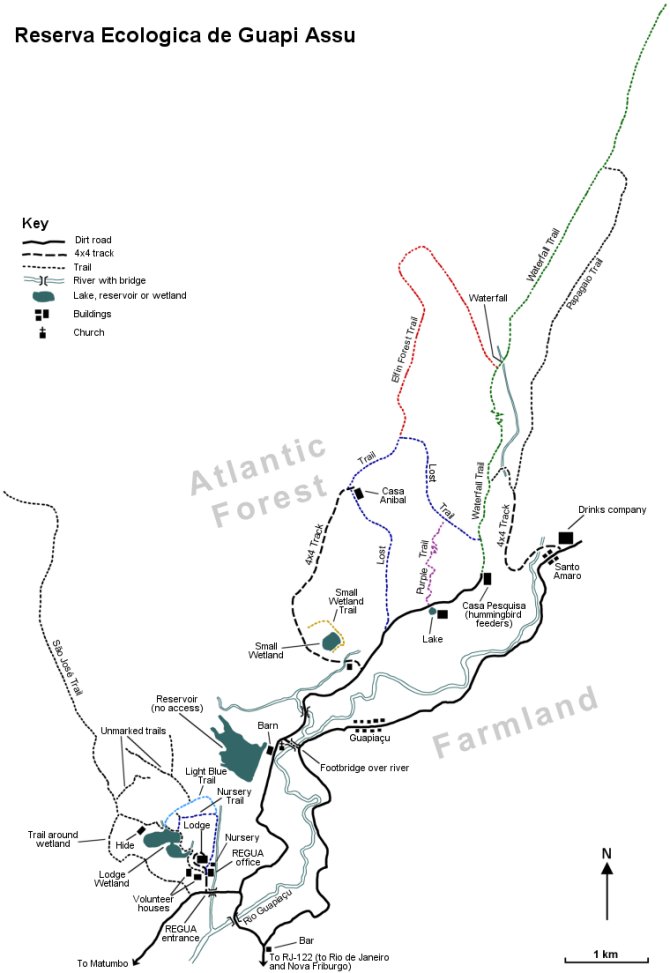 Map of REGUA showing the main birding trails